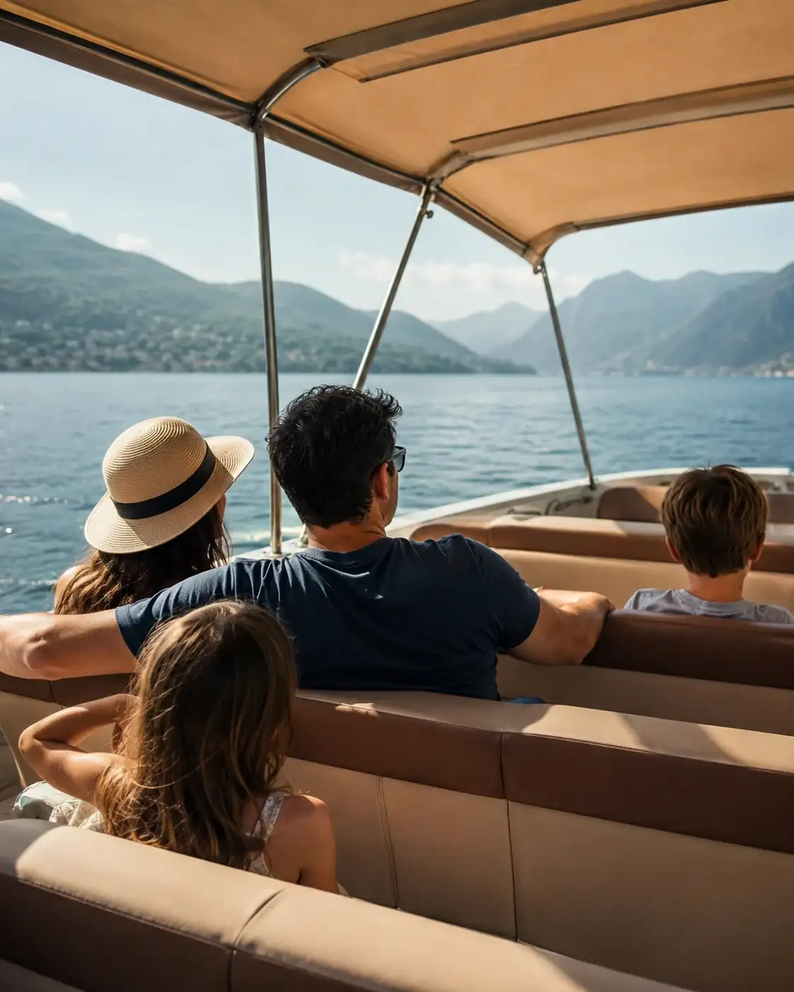 Friends sitting together under the canopy of a boat