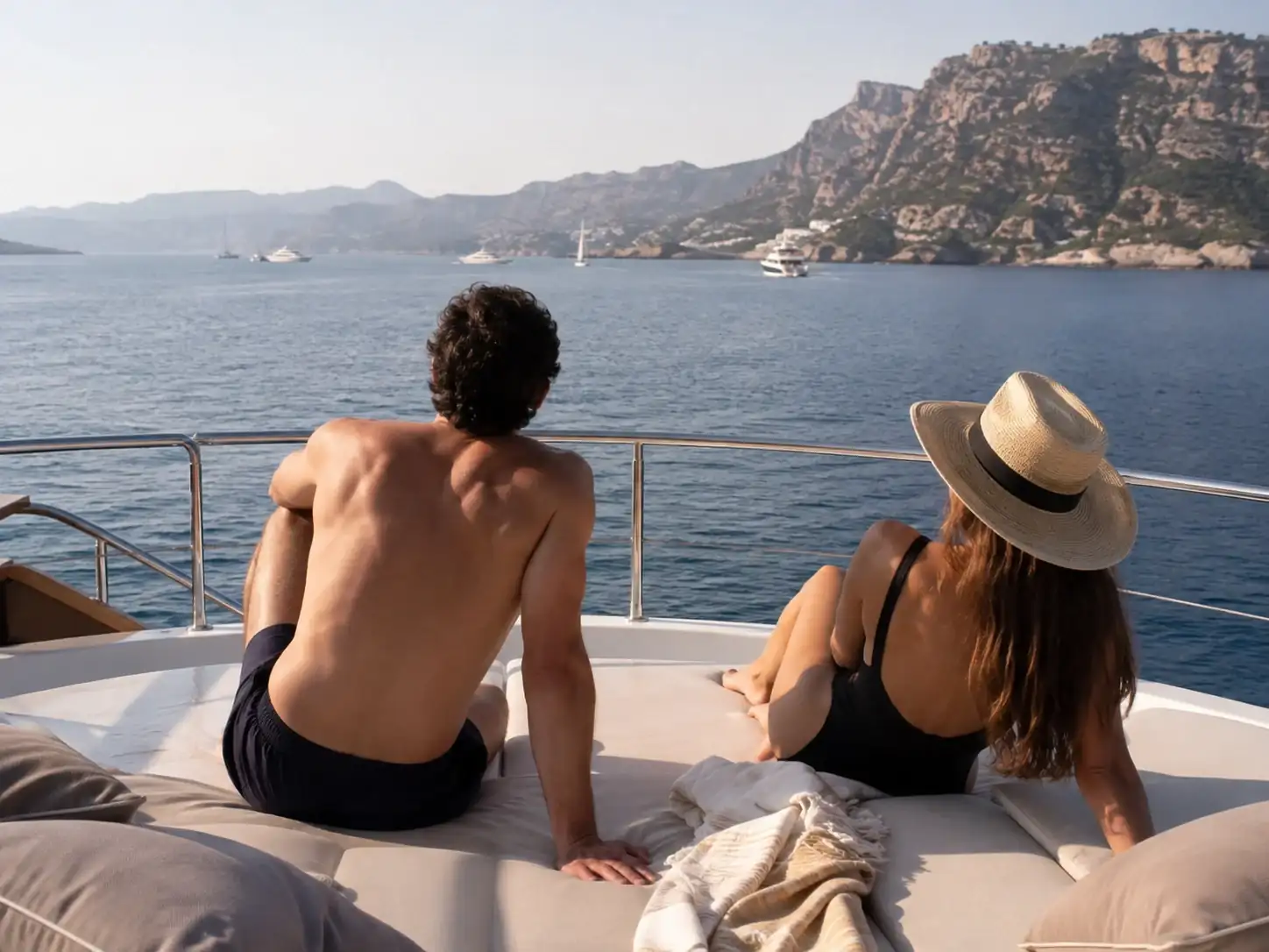 Two people sitting on the bow of a boat